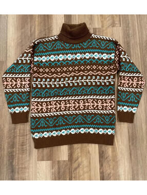 VTG Fair Isle 80s /  90s Turtleneck Knit Sweater Cottagecore Made In USA